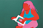 Illustration in block colours of a woman reading Nonesuch magazine